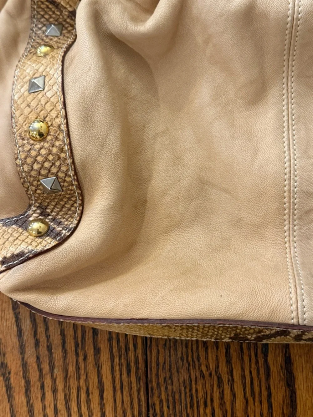 Y2K Tan Leather Python Trim Hobo Bag Mania Italy Silver Ring Gold Stud Boho